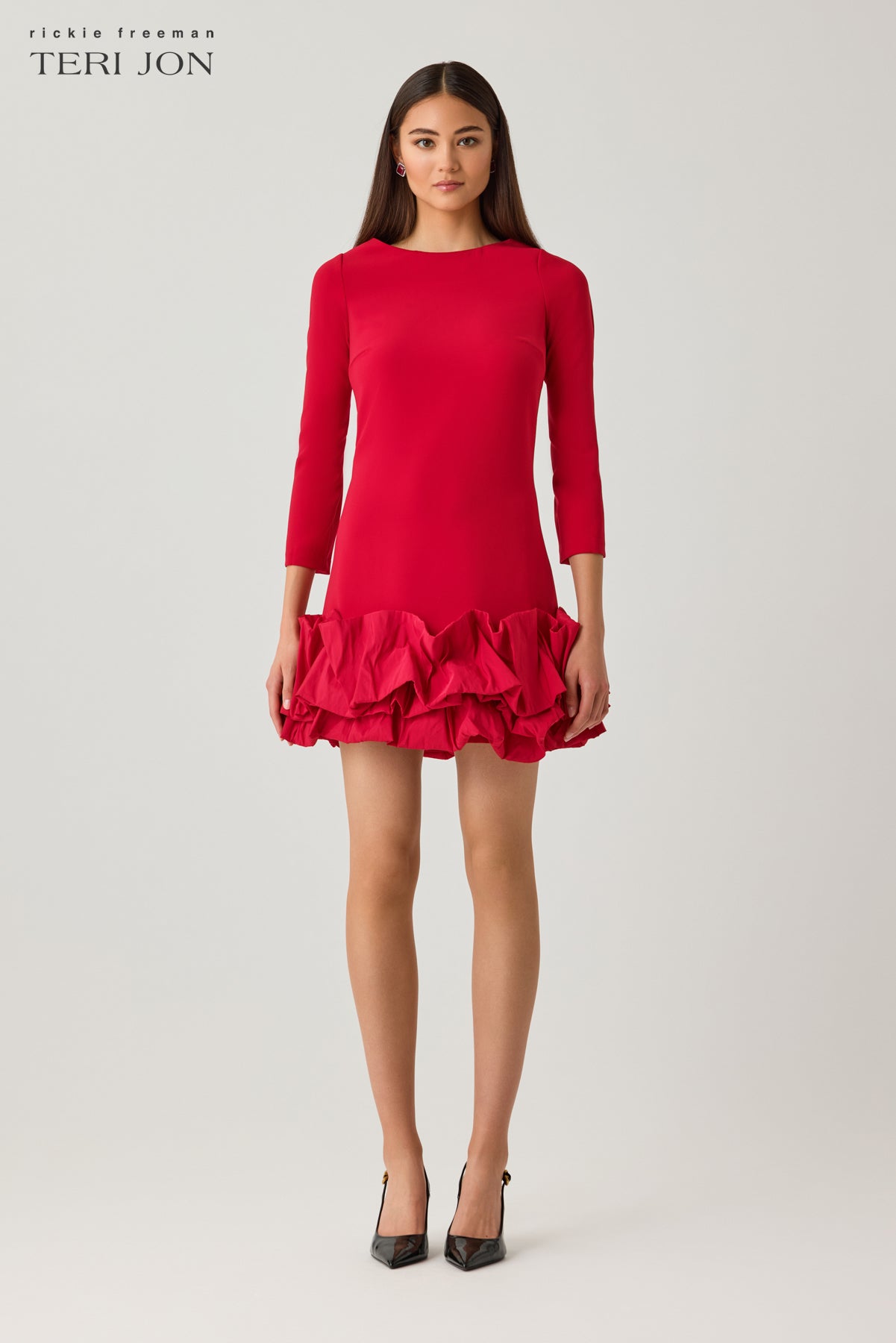 Crepe 3/4 Sleeve Dress with Taffeta Ruffle Hem