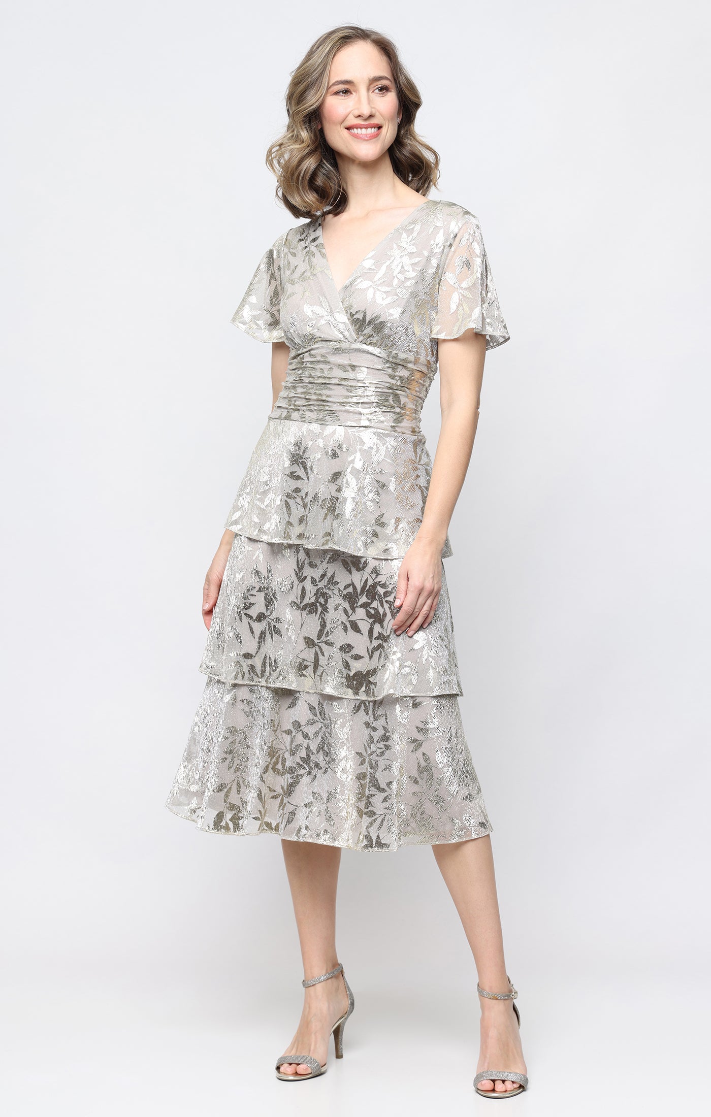 Tea Length Printed Lurex Bodre Dress with Surplice Bodice, Ruched Waist and Tiered Skirt