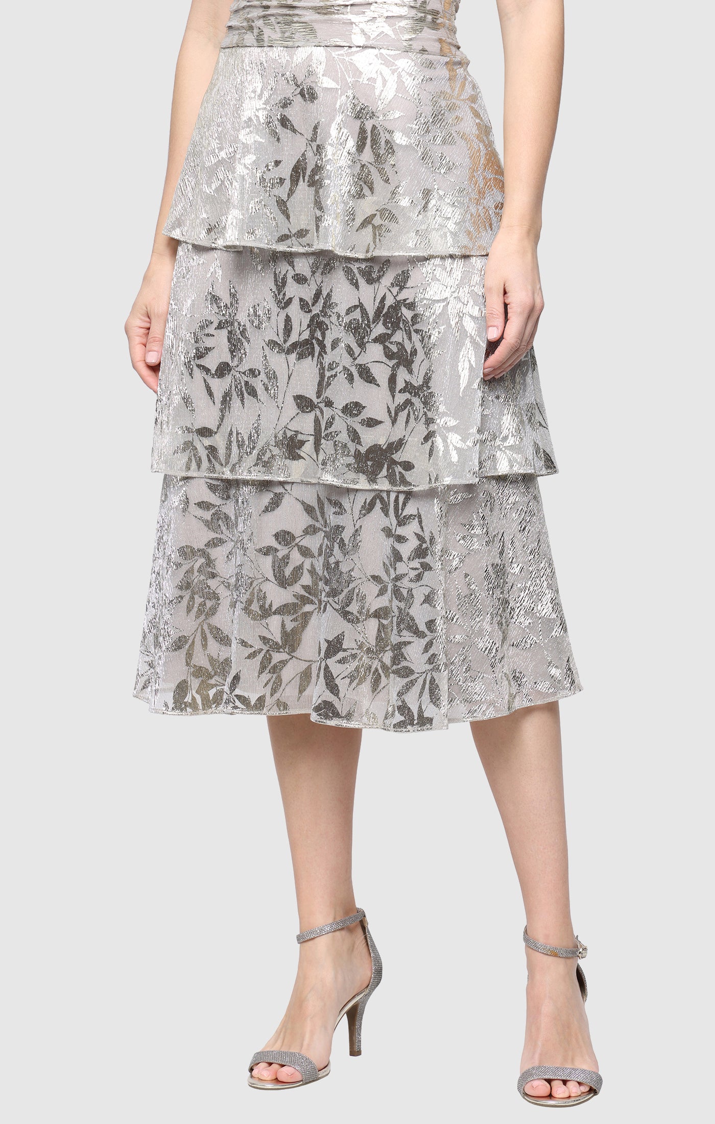 Tea Length Printed Lurex Bodre Dress with Surplice Bodice, Ruched Waist and Tiered Skirt