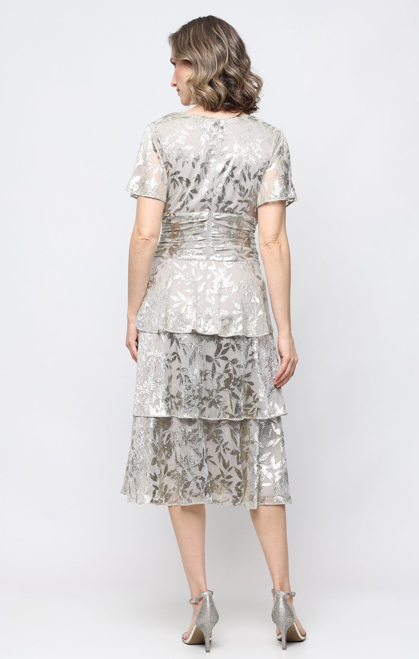 Tea Length Printed Lurex Bodre Dress with Surplice Bodice, Ruched Waist and Tiered Skirt