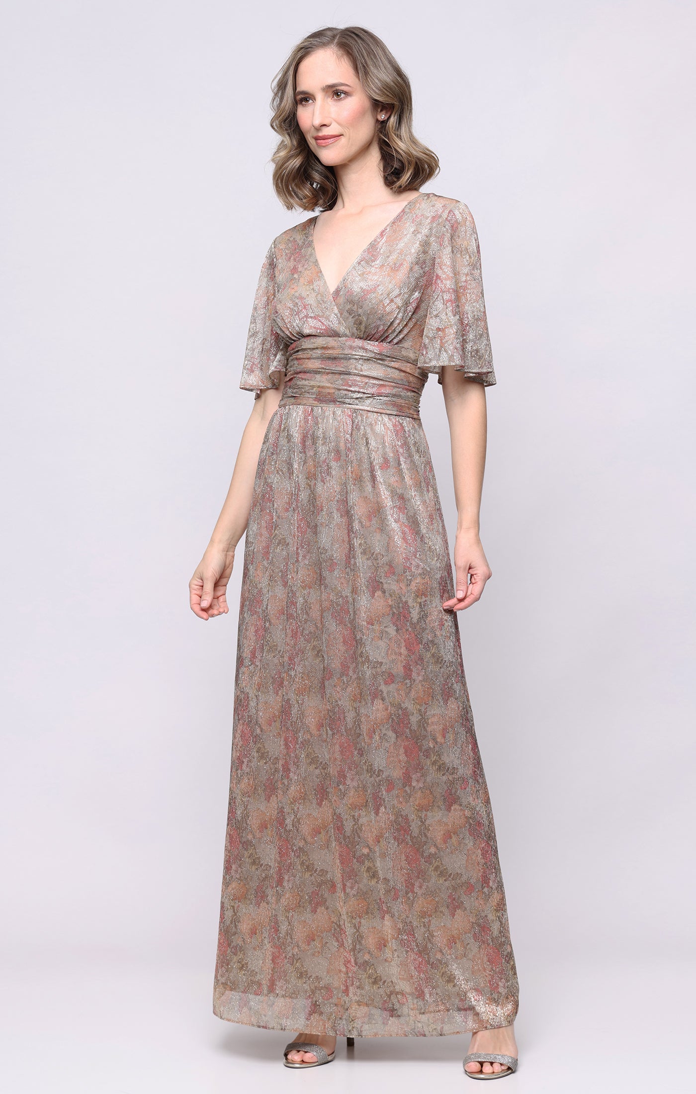 Long Printed Bodre Dress with Surplice Neckline and Flutter Sleeves