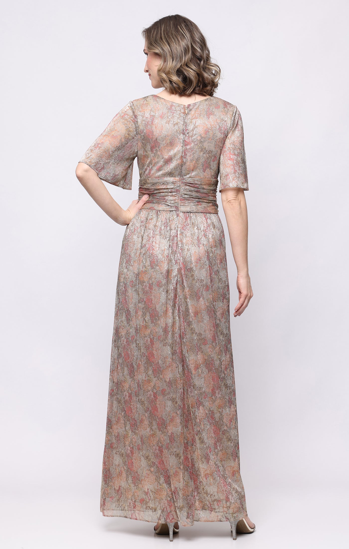 Long Printed Bodre Dress with Surplice Neckline and Flutter Sleeves