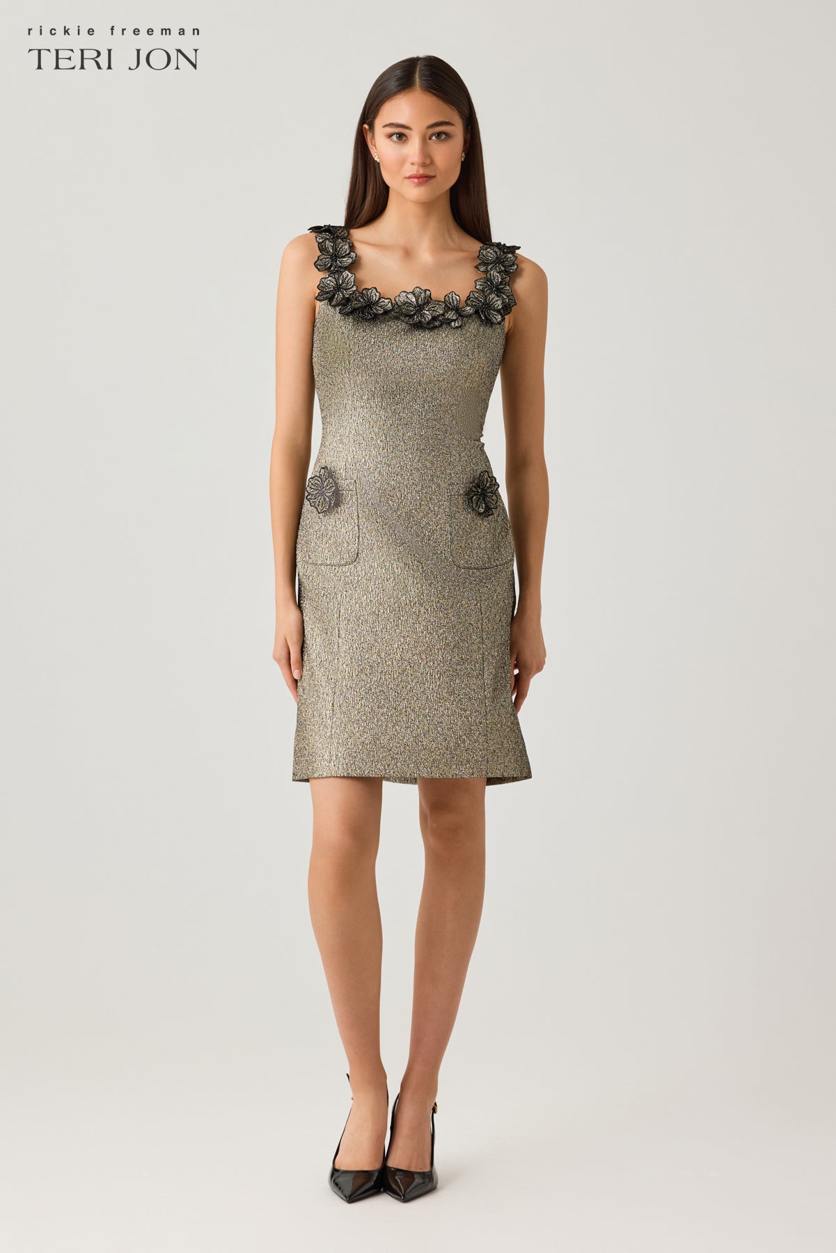 Metallic Jacquard Dress with 3D Flowers Detail
