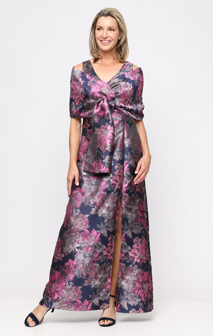 Long Printed Jacquard Dress with Surplice Neckline and Shawl
