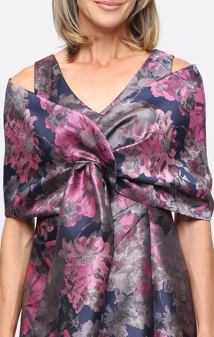 Long Printed Jacquard Dress with Surplice Neckline and Shawl