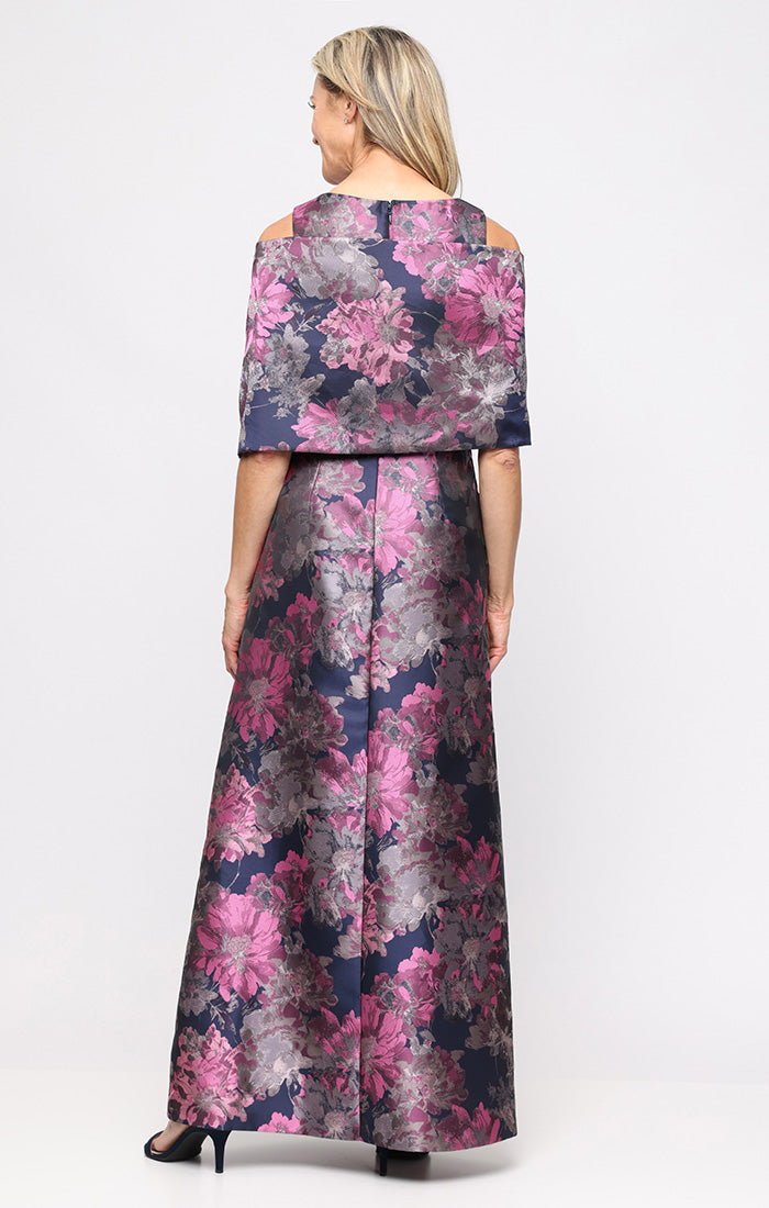 Long Printed Jacquard Dress with Surplice Neckline and Shawl