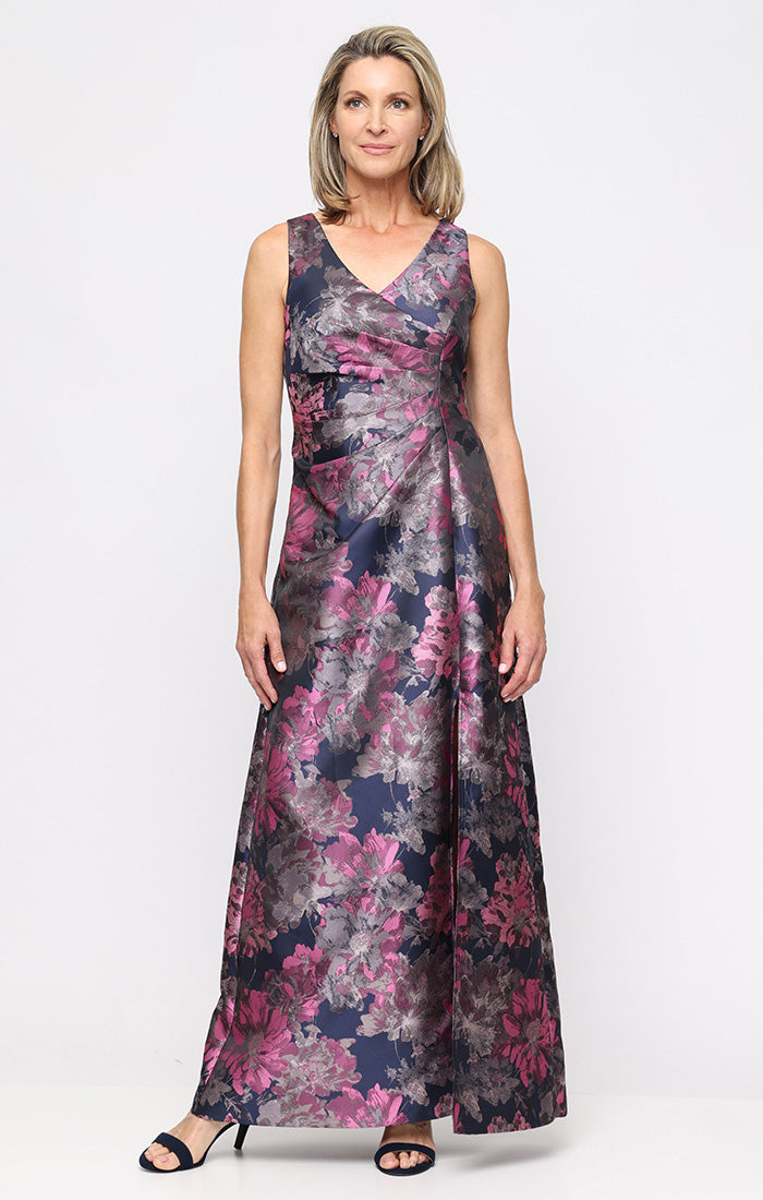 Long Printed Jacquard Dress with Surplice Neckline and Shawl
