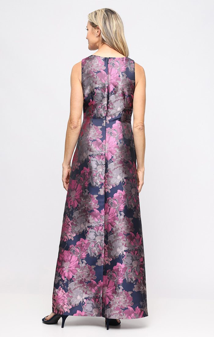 Long Printed Jacquard Dress with Surplice Neckline and Shawl