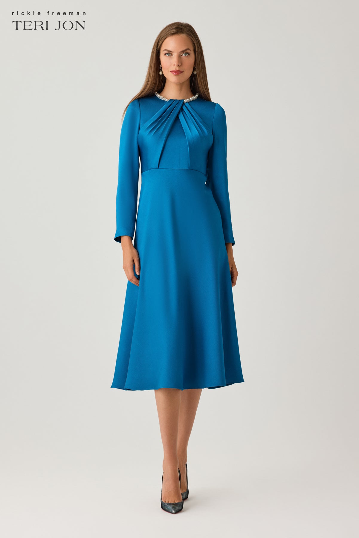 Satin Cocktail Dress with Pearl Collar and Draped Bodice