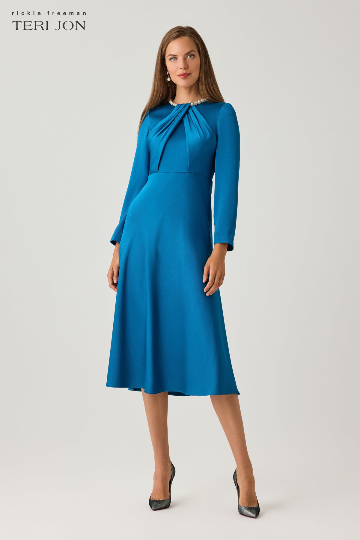 Satin Cocktail Dress with Pearl Collar and Draped Bodice