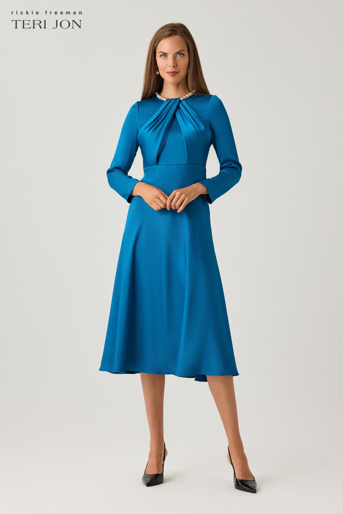 Satin Cocktail Dress with Pearl Collar and Draped Bodice
