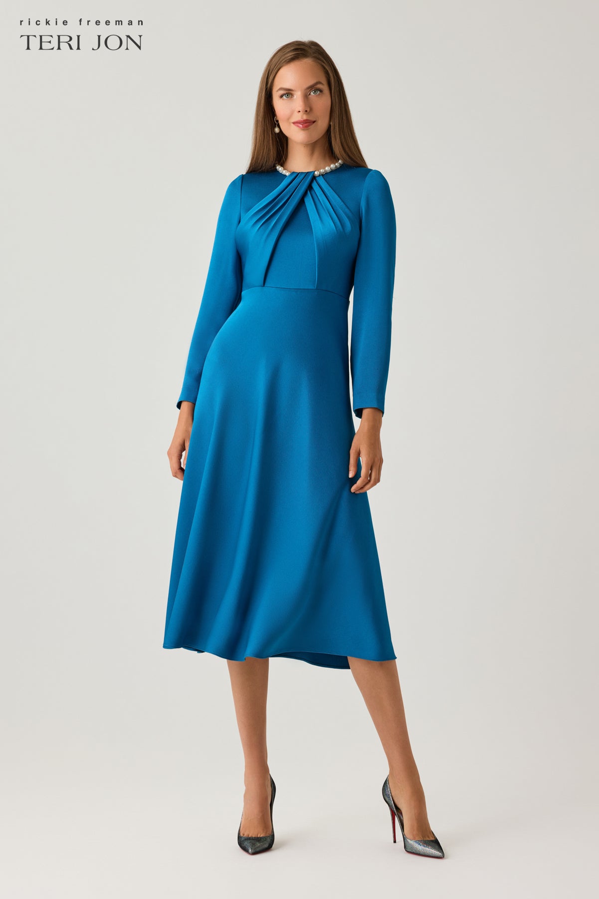 Satin Cocktail Dress with Pearl Collar and Draped Bodice
