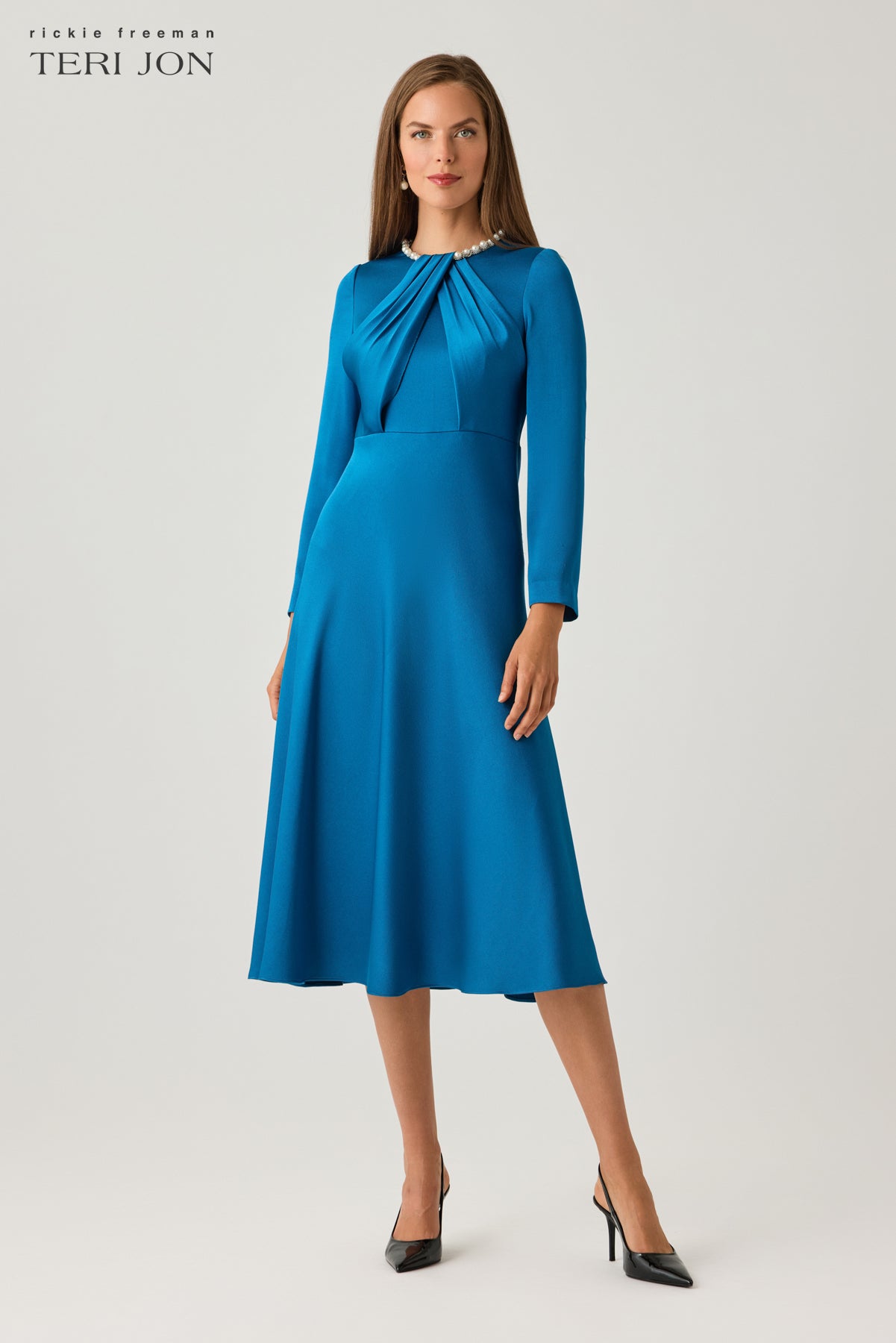 Satin Cocktail Dress with Pearl Collar and Draped Bodice