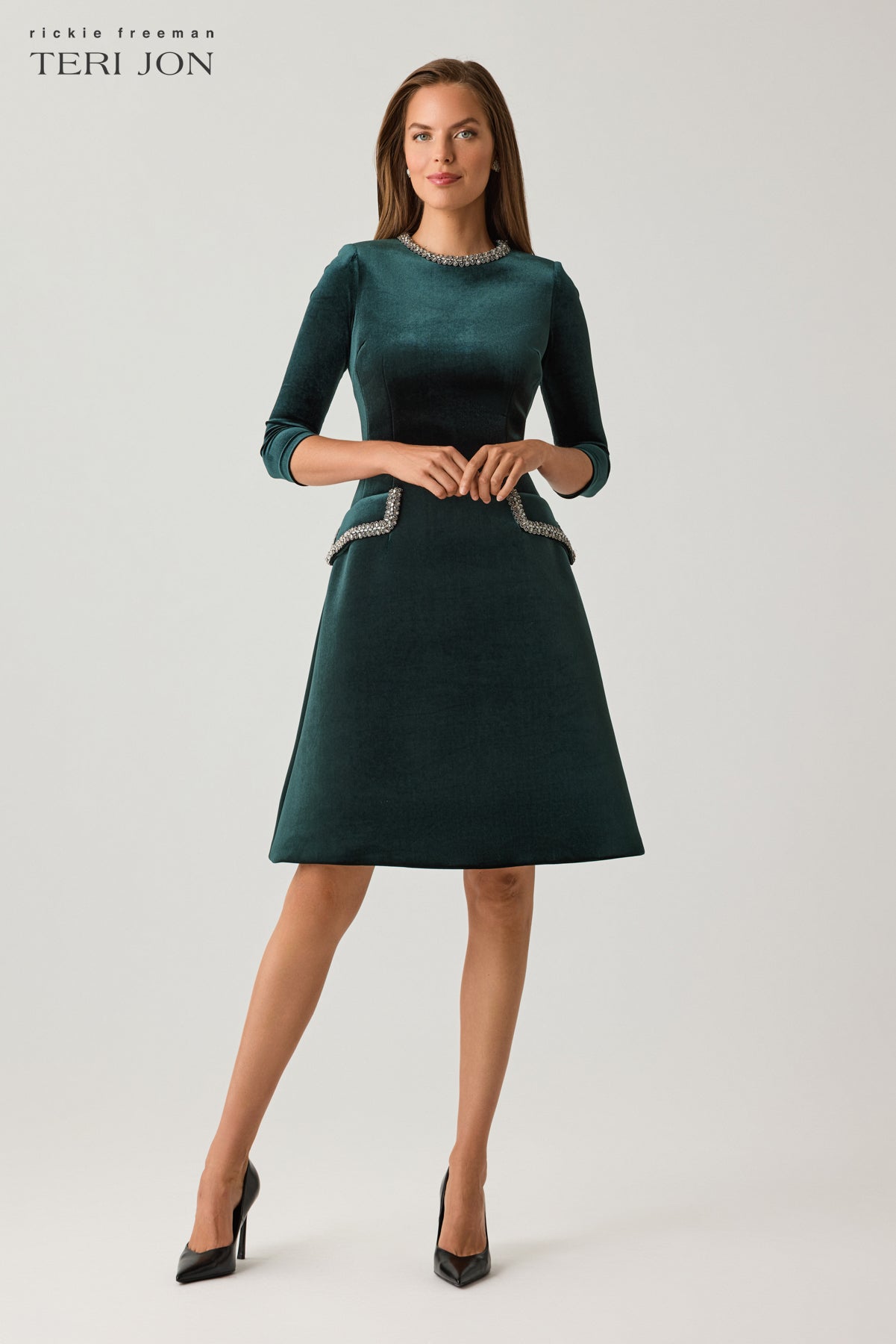 Velvet A Line Dress with Rhinestone Collar and Pocket Detail