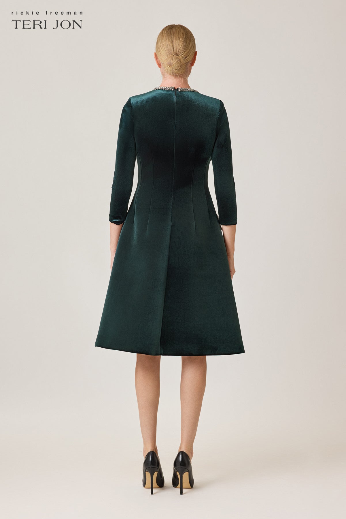 Velvet A Line Dress with Rhinestone Collar and Pocket Detail