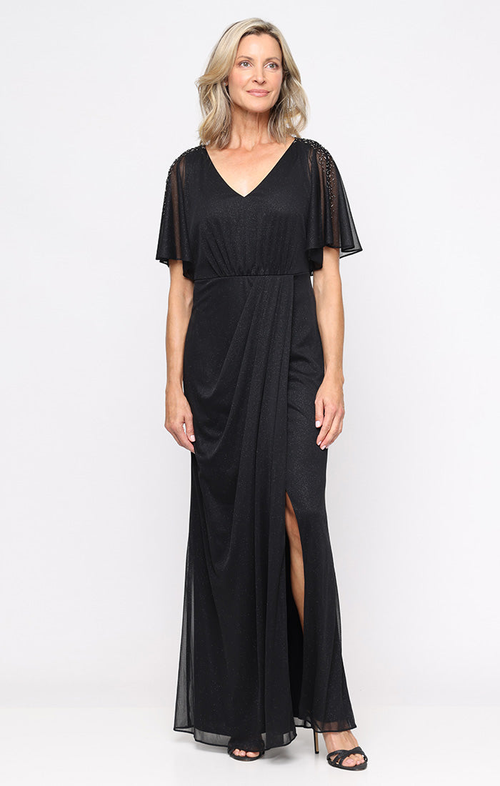 Long Glitter Mesh Dress with V-Neckline, Front Slit, and Beaded Illusion Flutter Sleeve Detail