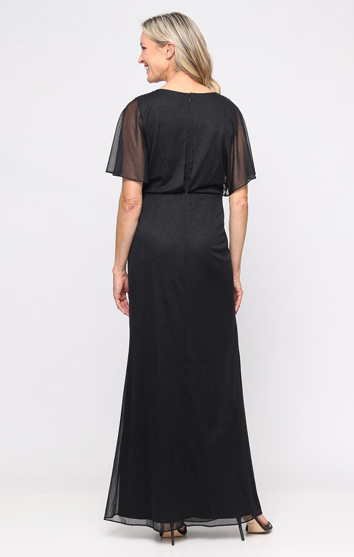 Long Glitter Mesh Dress with V-Neckline, Front Slit, and Beaded Illusion Flutter Sleeve Detail