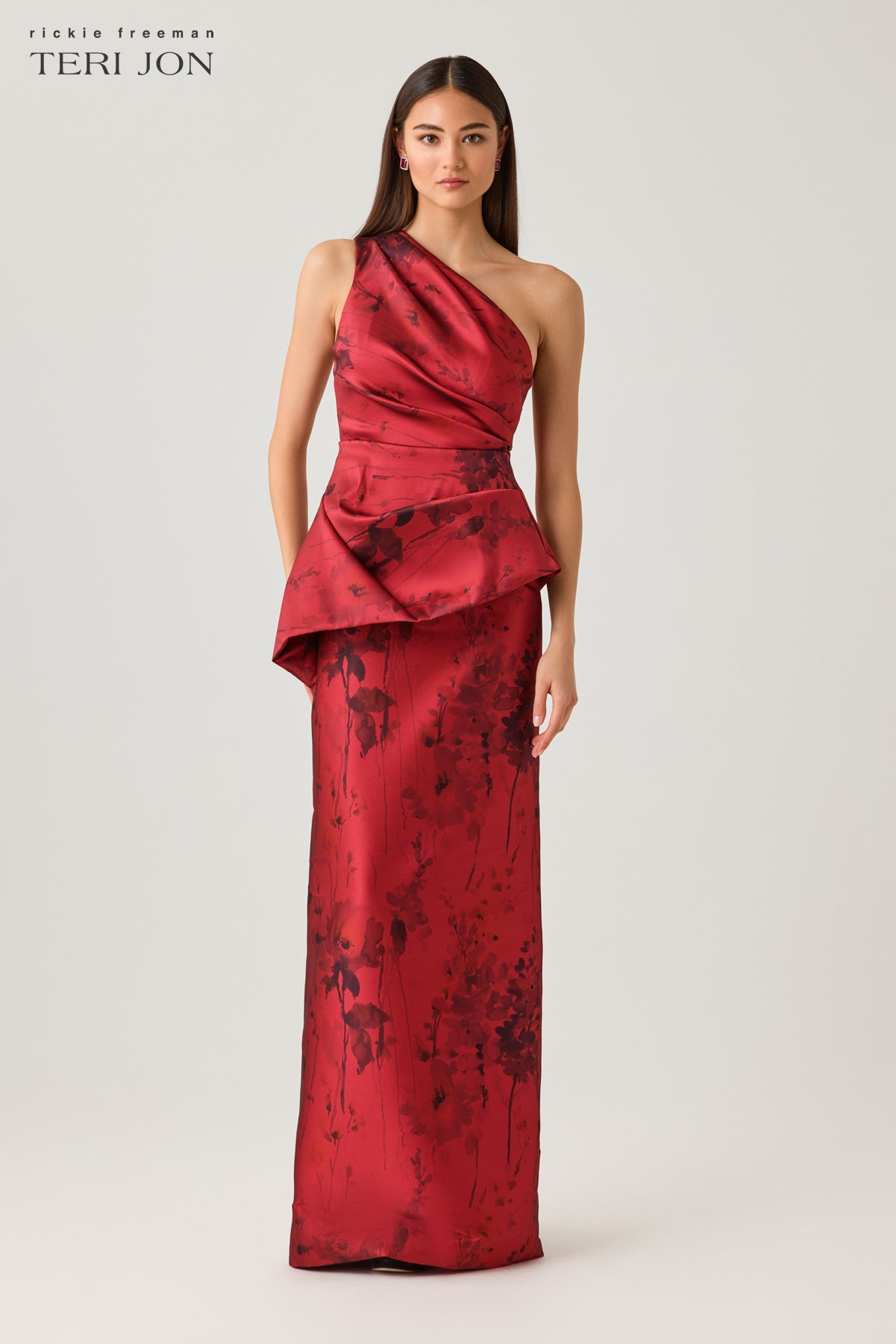 Mikado Floral Printed Asymmetrical Peplum Gown