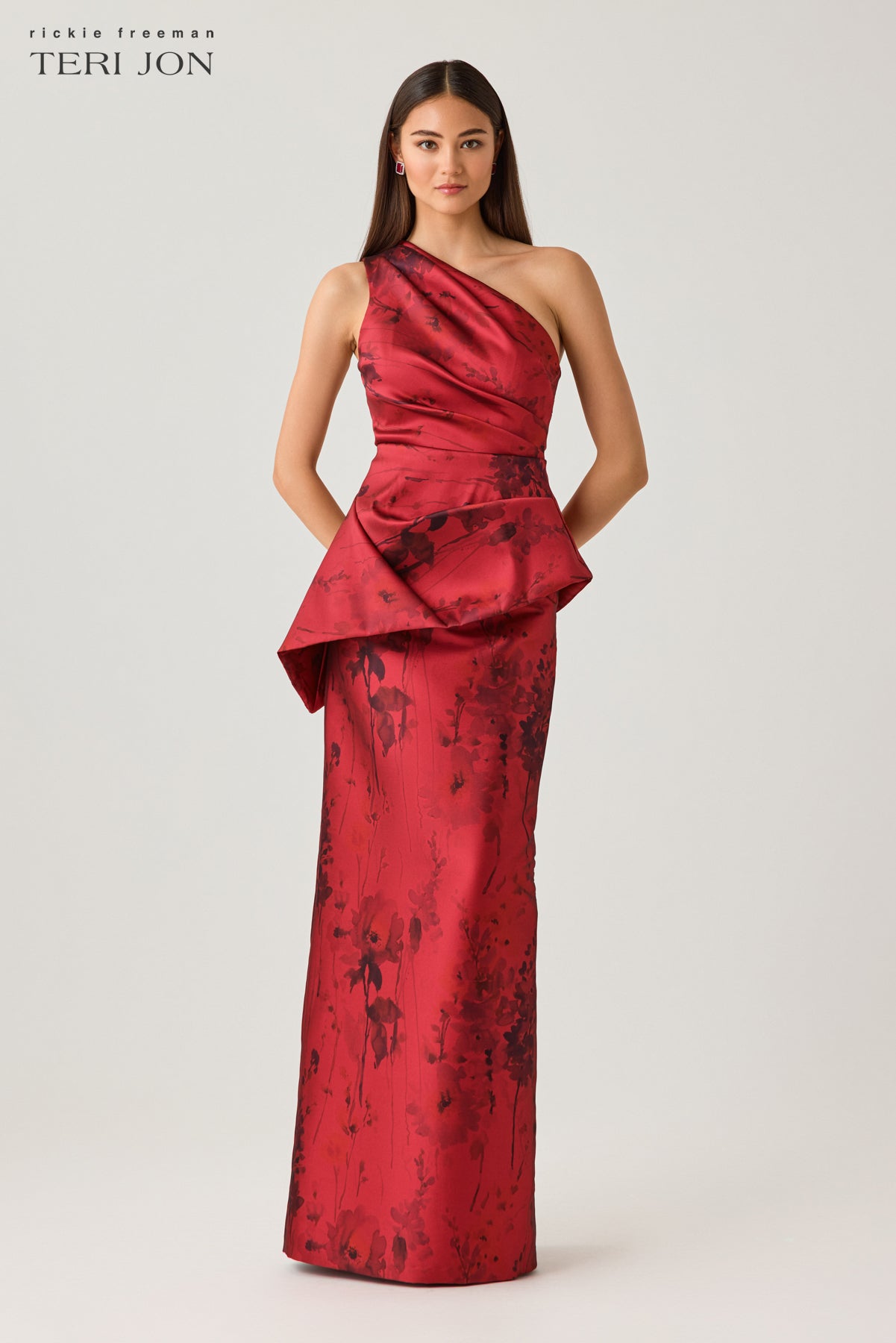 Mikado Floral Printed Asymmetrical Peplum Gown