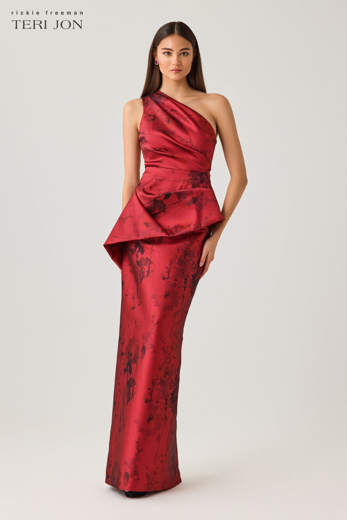 Mikado Floral Printed Asymmetrical Peplum Gown