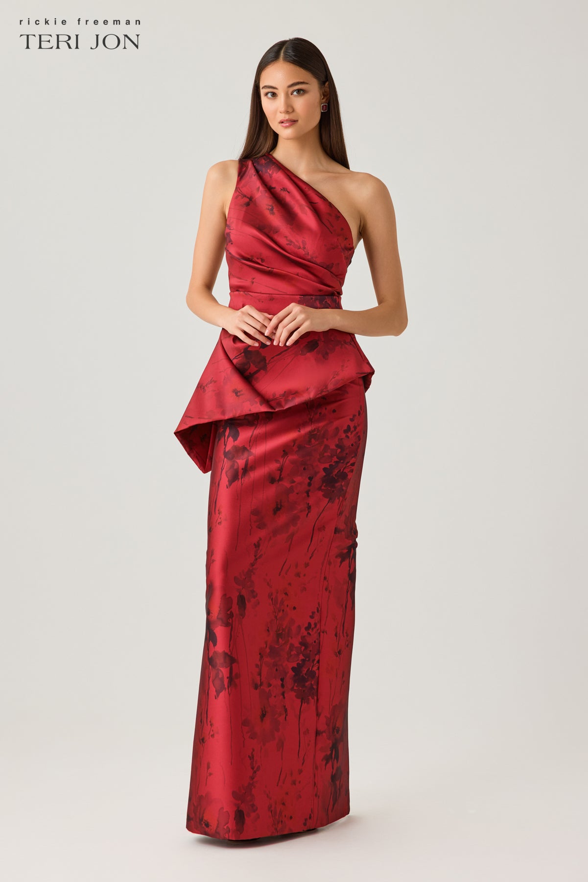Mikado Floral Printed Asymmetrical Peplum Gown