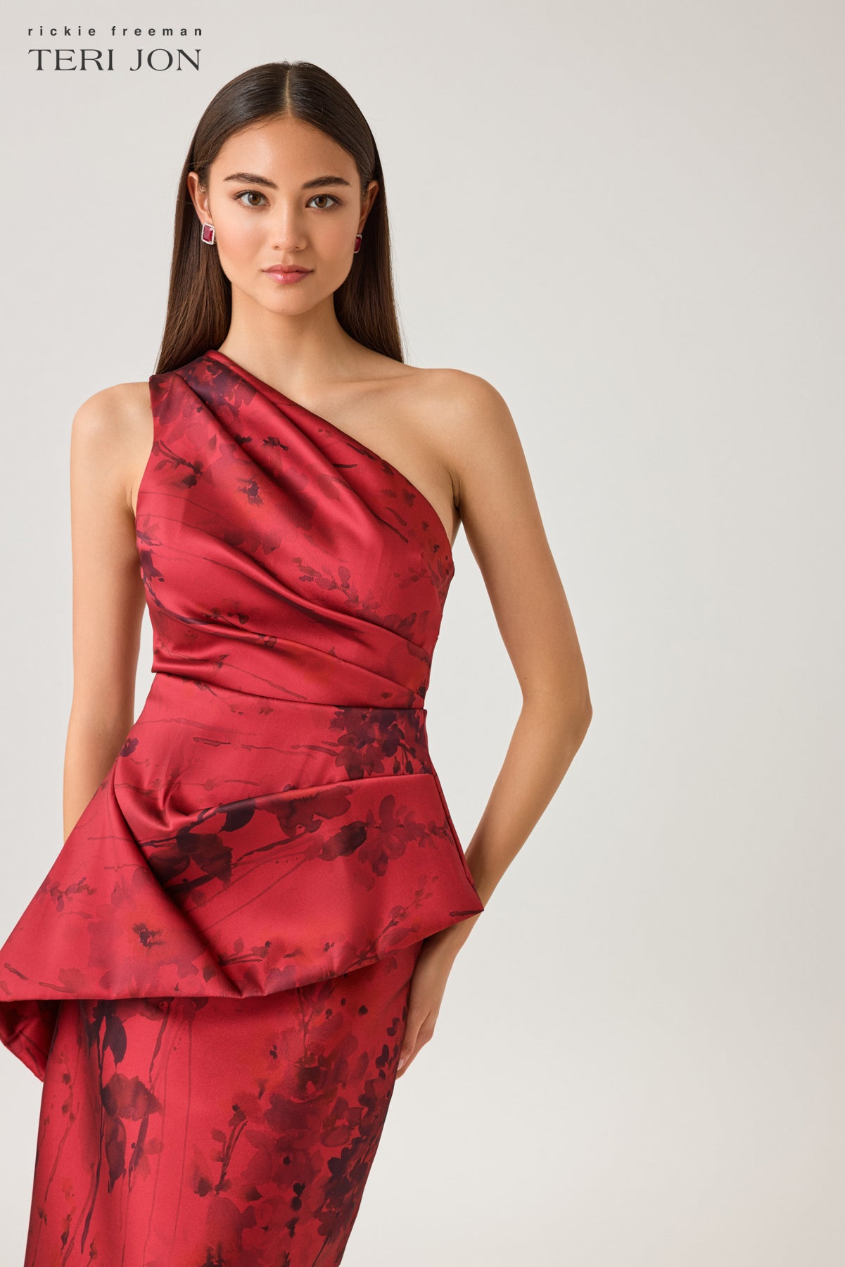 Mikado Floral Printed Asymmetrical Peplum Gown