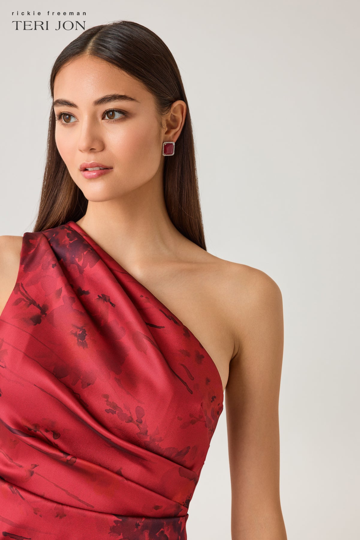 Mikado Floral Printed Asymmetrical Peplum Gown