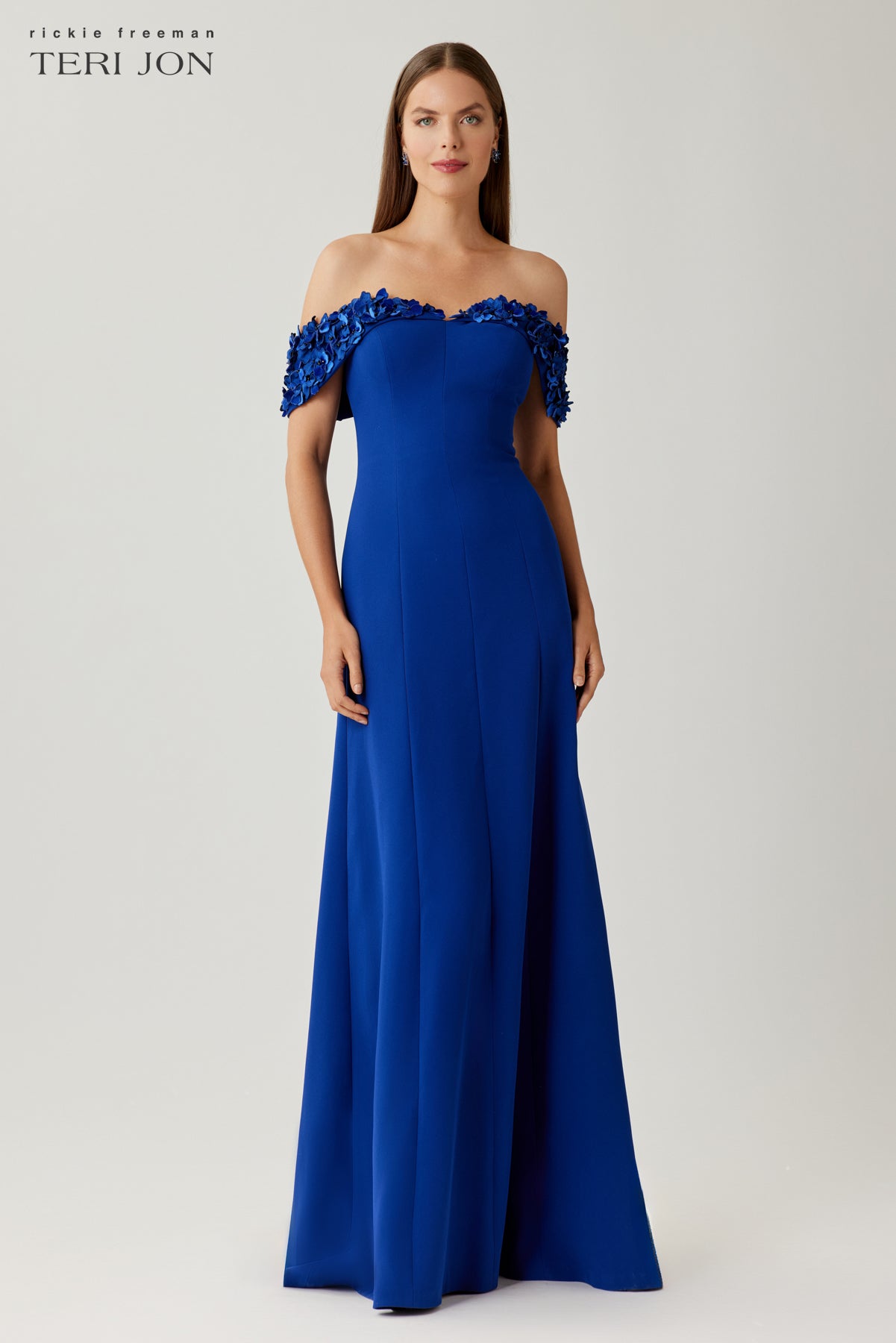 Crepe Gown with Velvet Flower Off Shoulder Trim