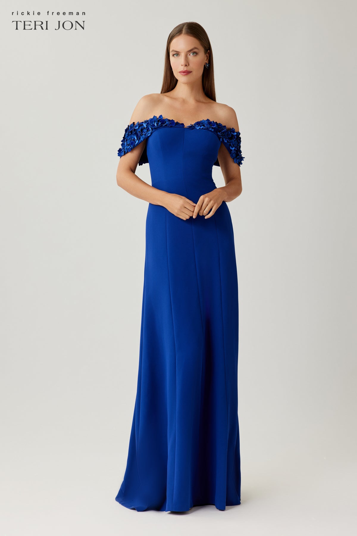 Crepe Gown with Velvet Flower Off Shoulder Trim