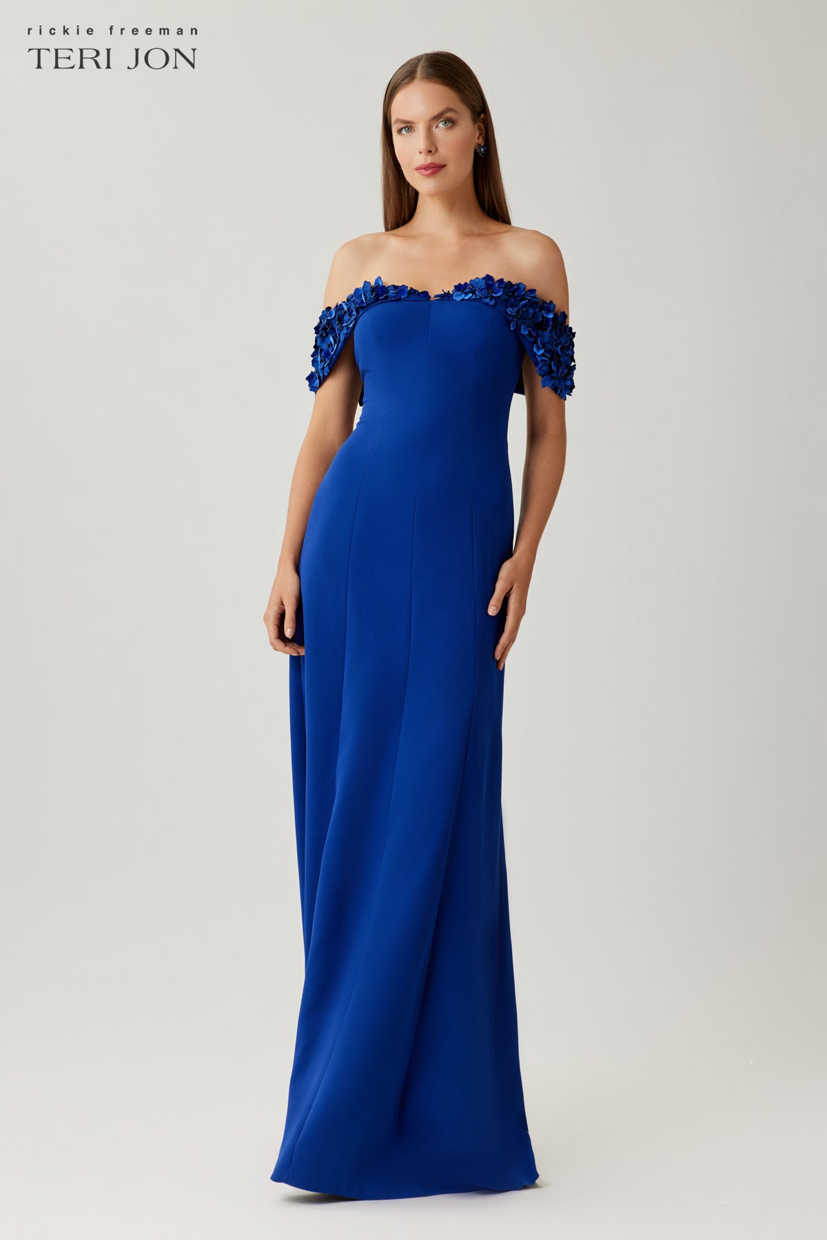 Crepe Gown with Velvet Flower Off Shoulder Trim
