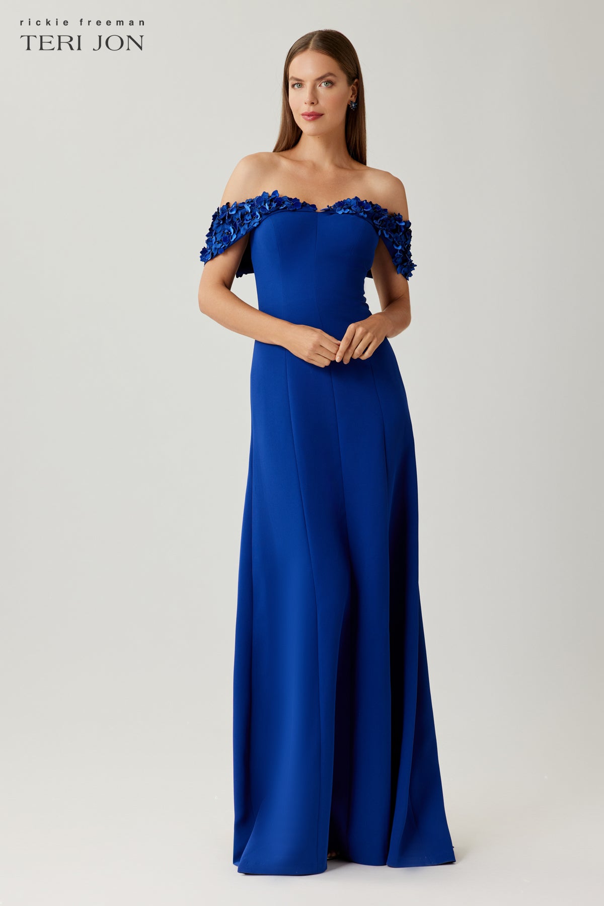Crepe Gown with Velvet Flower Off Shoulder Trim