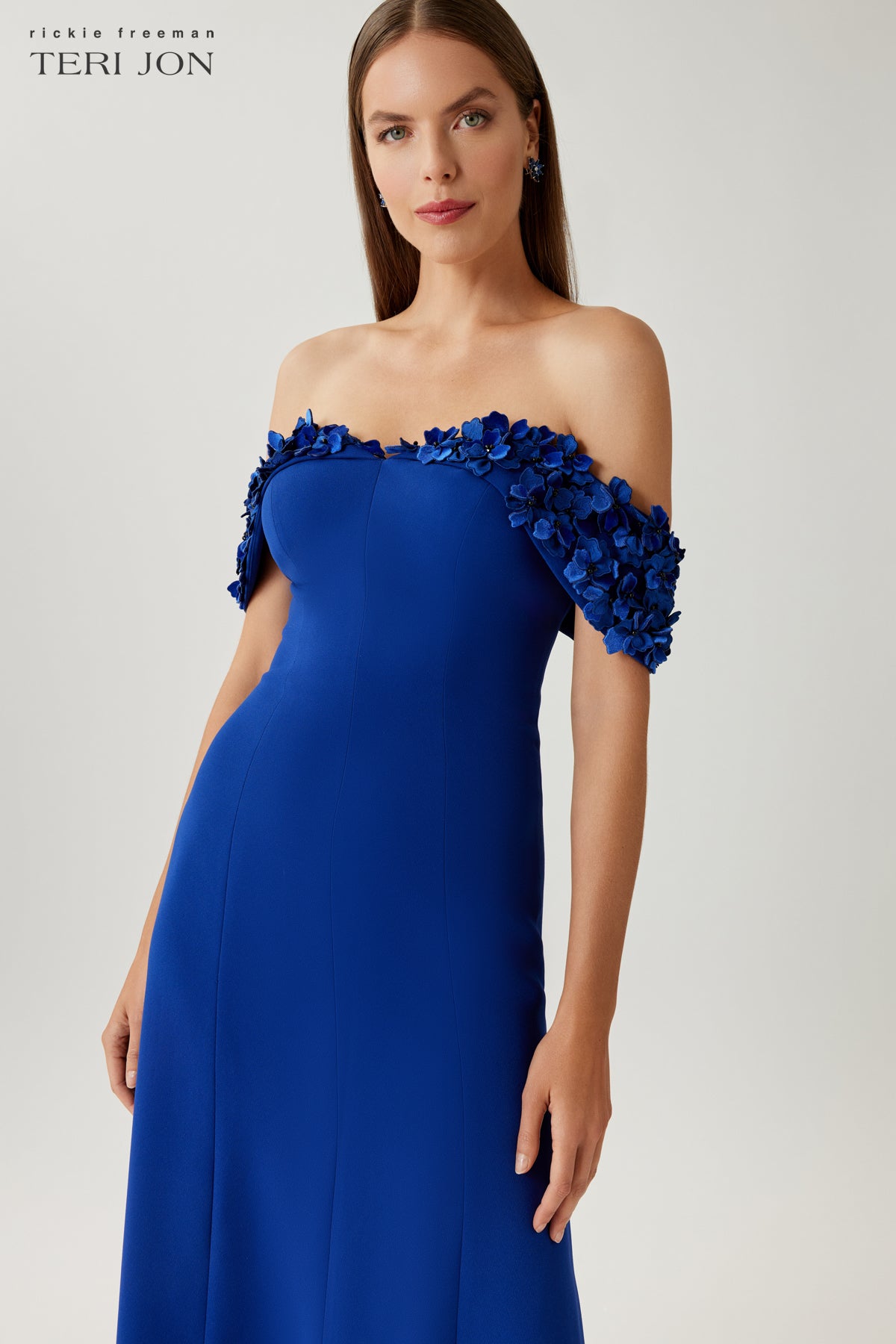 Crepe Gown with Velvet Flower Off Shoulder Trim