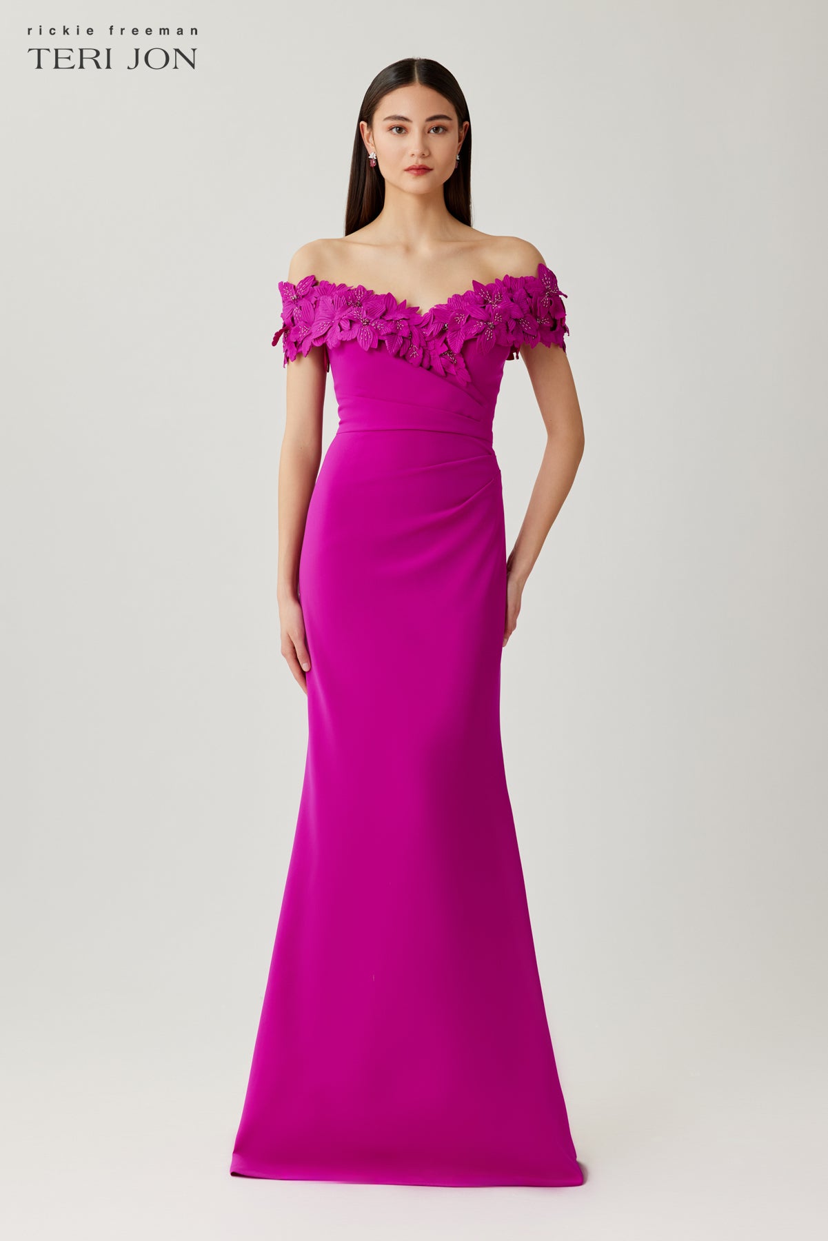 Crepe Flower Applique Off Shoulder Gown
