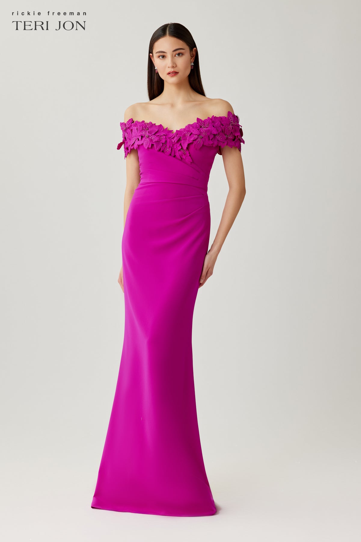 Crepe Flower Applique Off Shoulder Gown