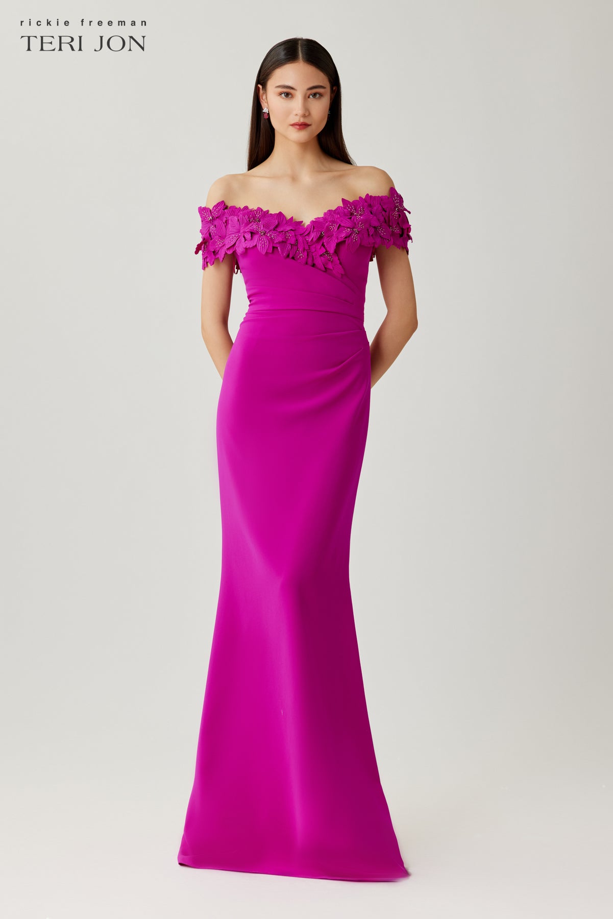 Crepe Flower Applique Off Shoulder Gown