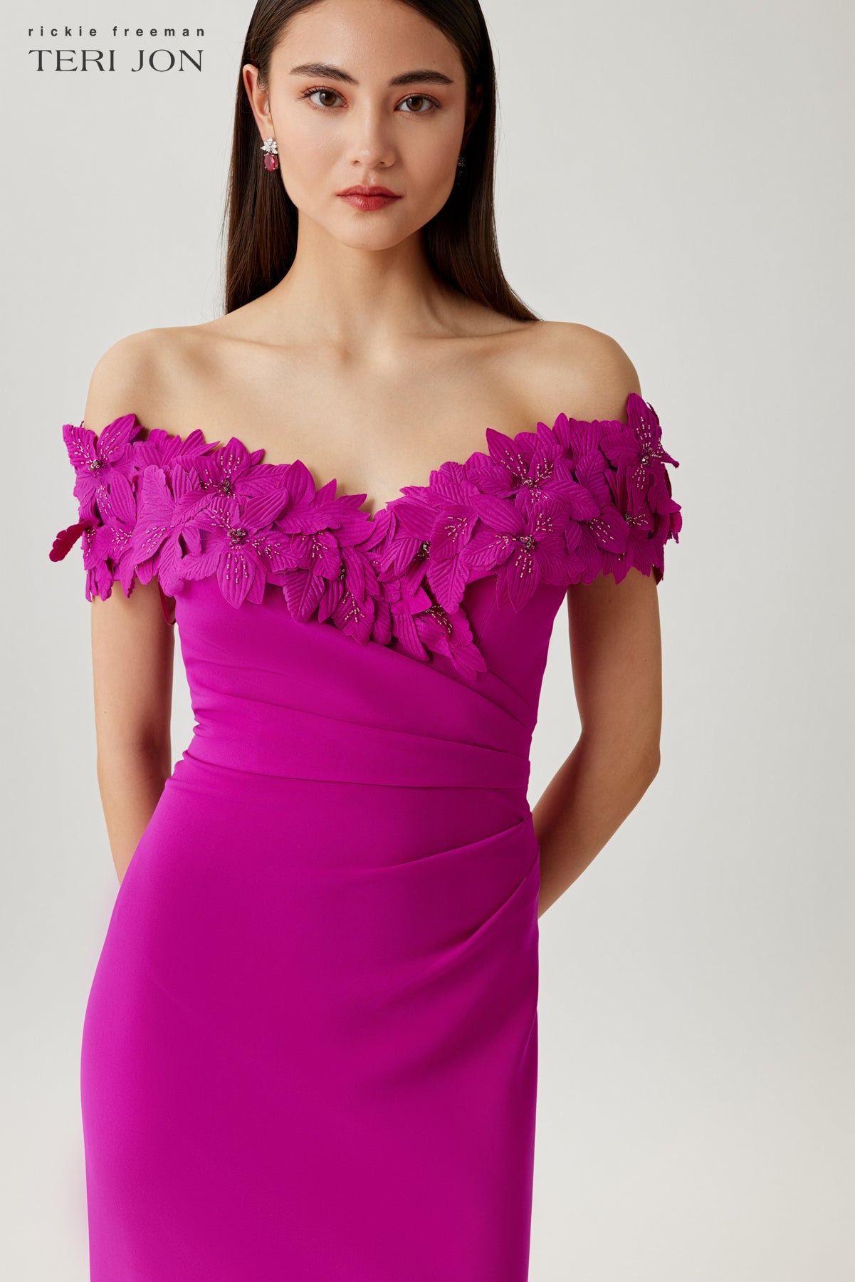 Crepe Flower Applique Off Shoulder Gown