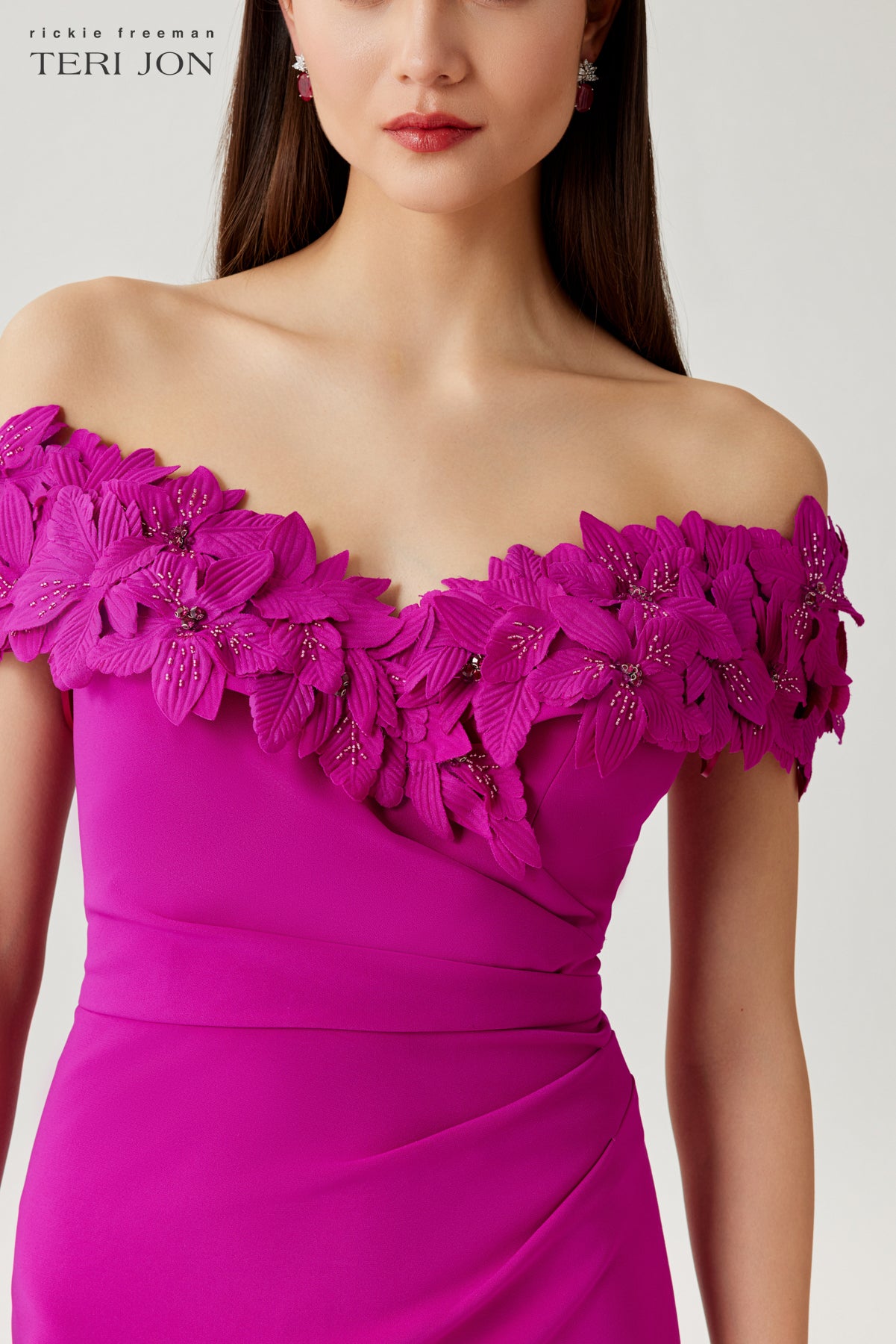 Crepe Flower Applique Off Shoulder Gown