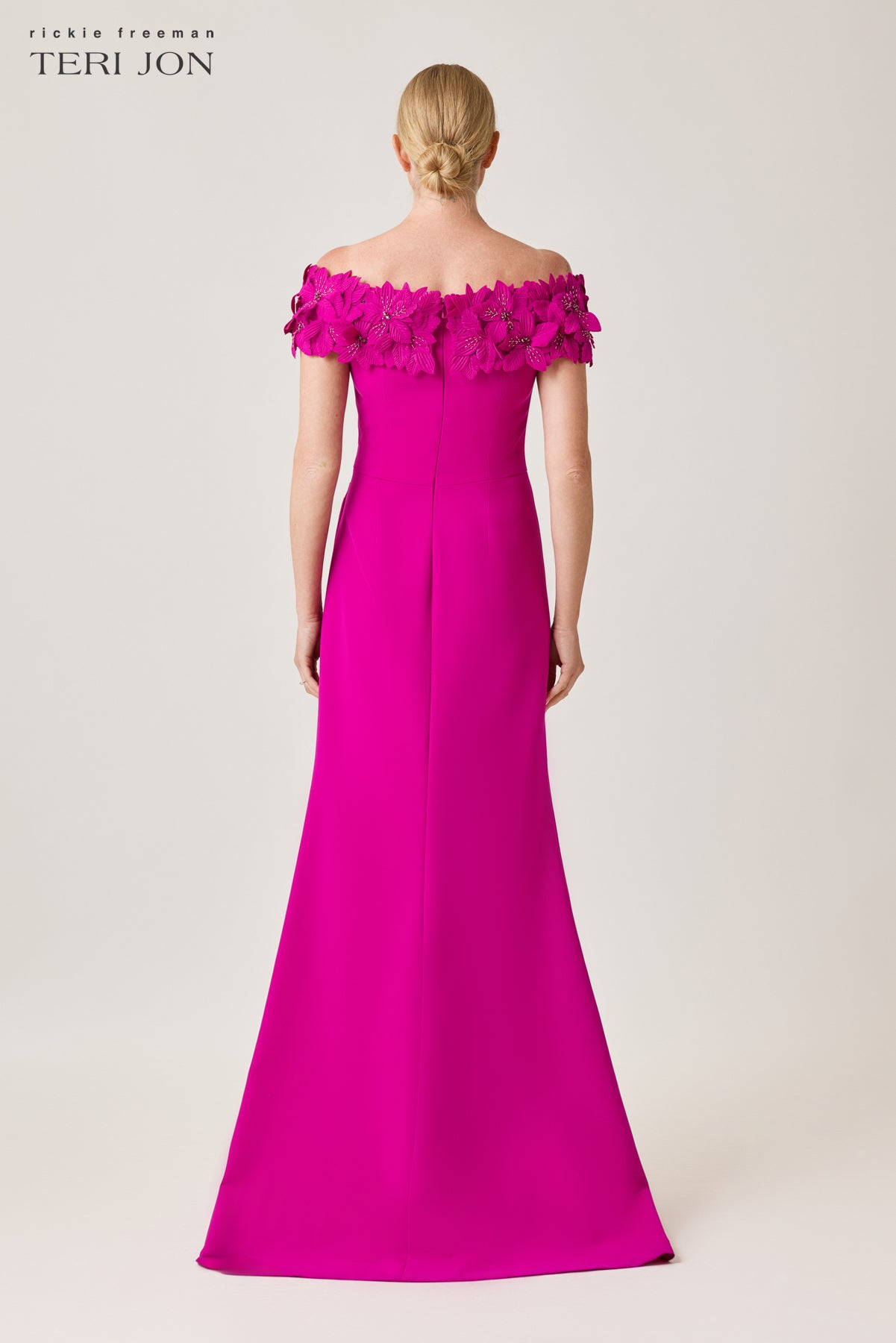Crepe Flower Applique Off Shoulder Gown