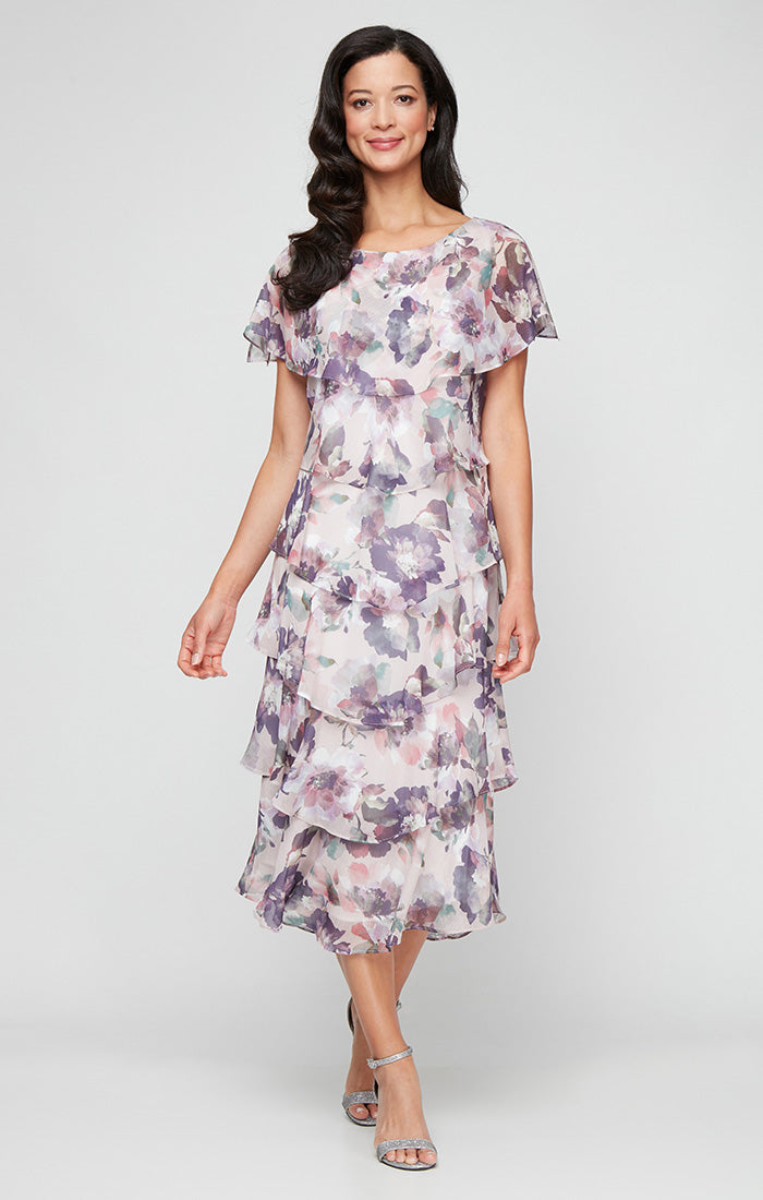 Printed Chiffon Tiered Dress with Capelet Sleeves and Embellishment at Shoulders