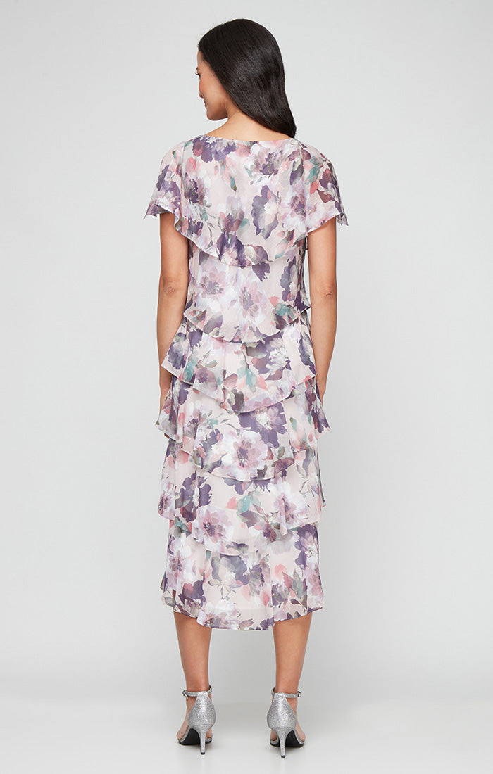 Printed Chiffon Tiered Dress with Capelet Sleeves and Embellishment at Shoulders
