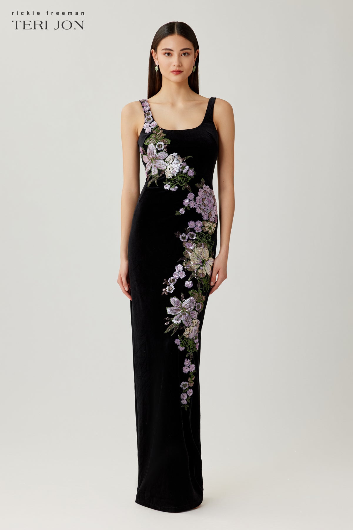 Velvet Gown with Sequin Floral Trim