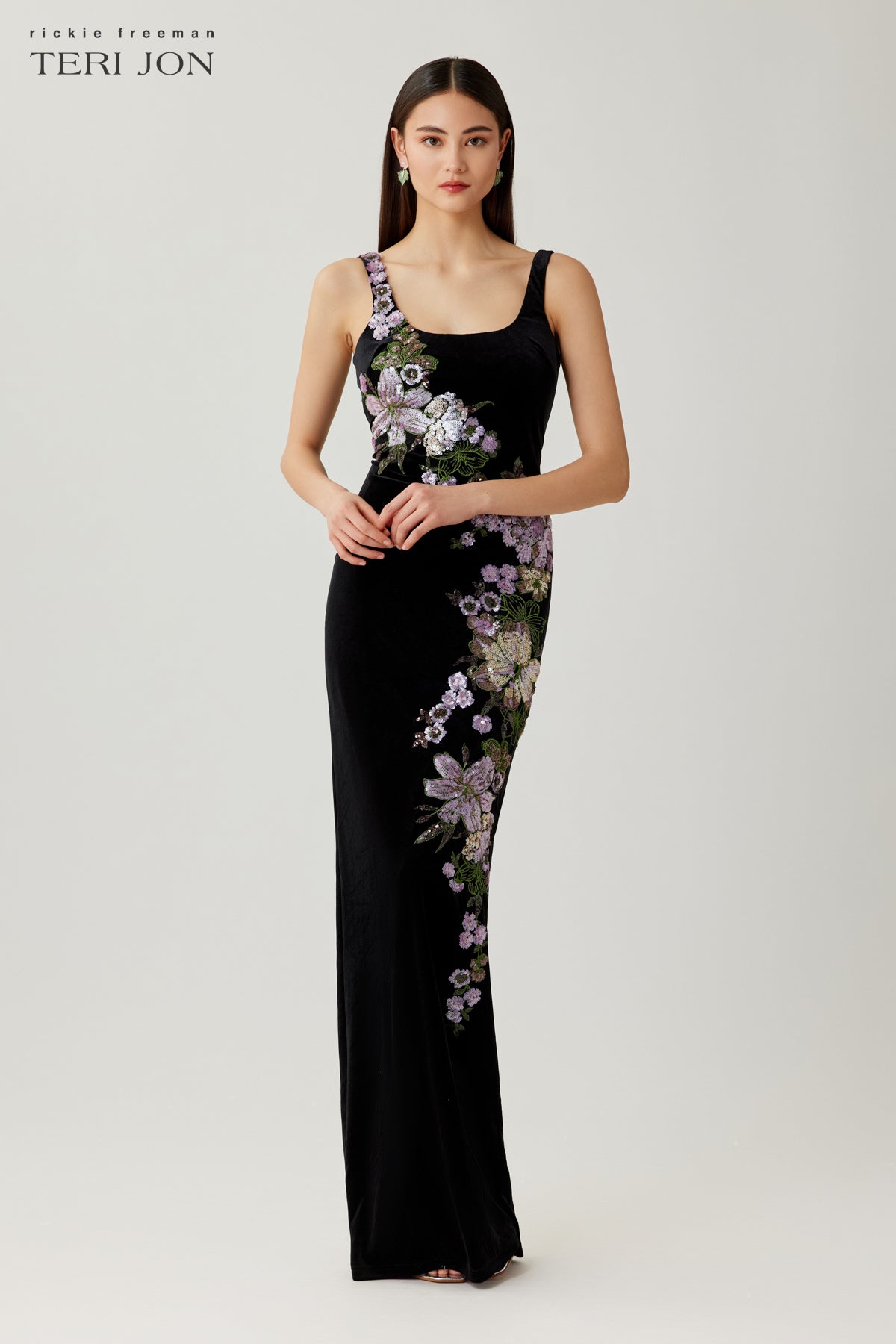 Velvet Gown with Sequin Floral Trim
