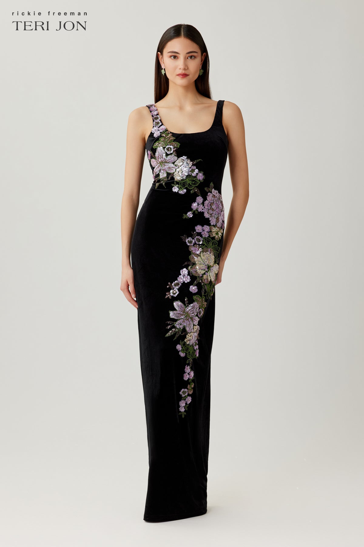 Velvet Gown with Sequin Floral Trim