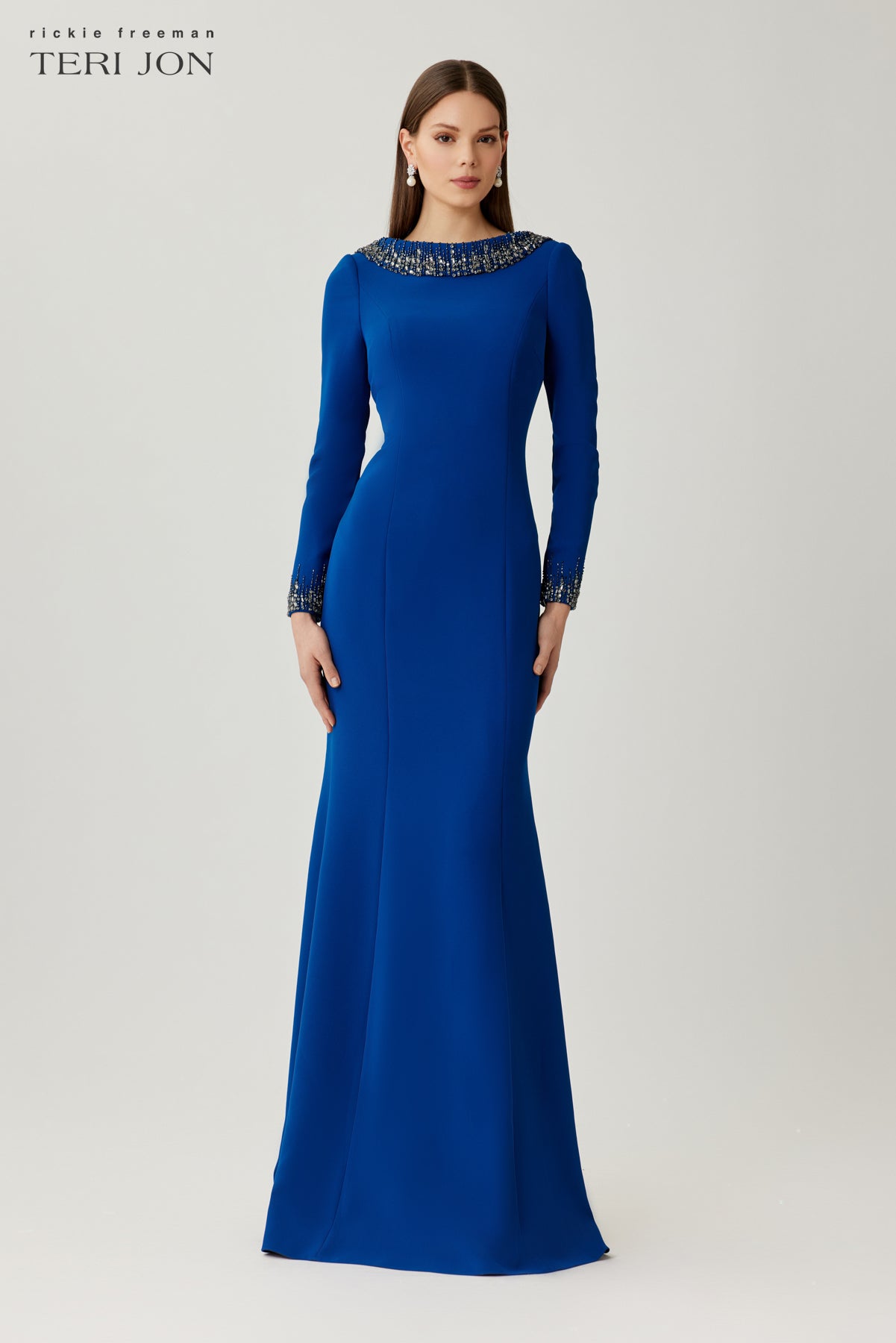 Crepe Evening Gown with Beaded Neck and Cuff Detail