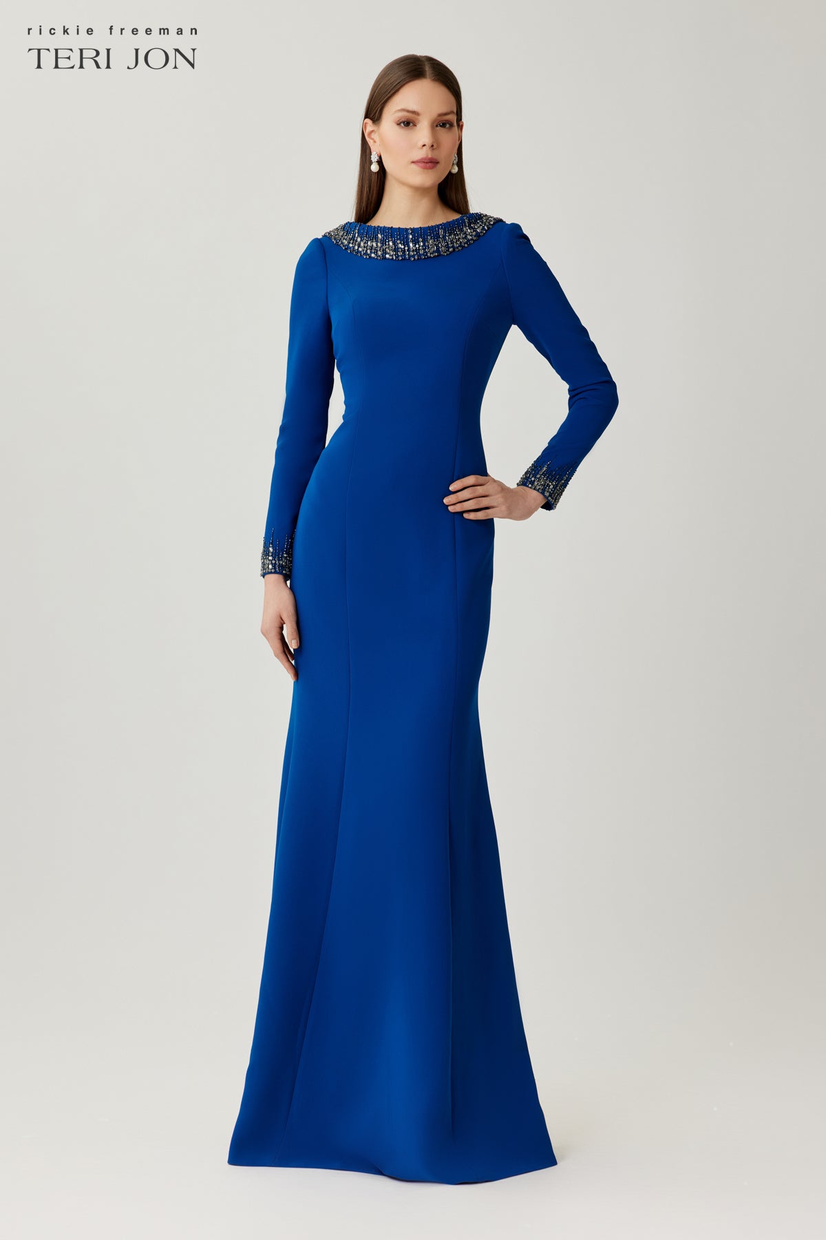 Crepe Evening Gown with Beaded Neck and Cuff Detail
