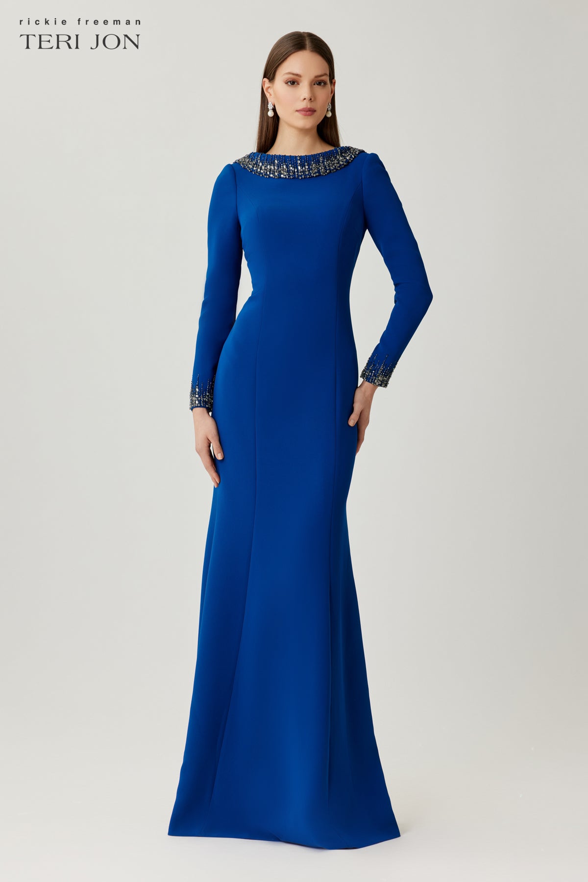 Crepe Evening Gown with Beaded Neck and Cuff Detail