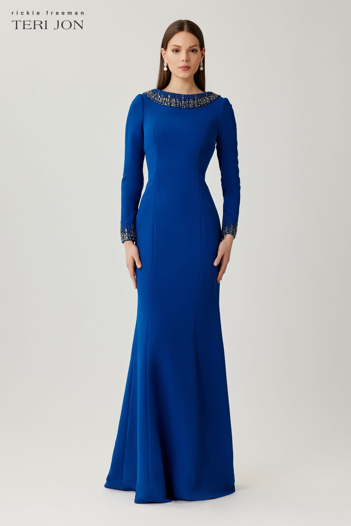 Crepe Evening Gown with Beaded Neck and Cuff Detail