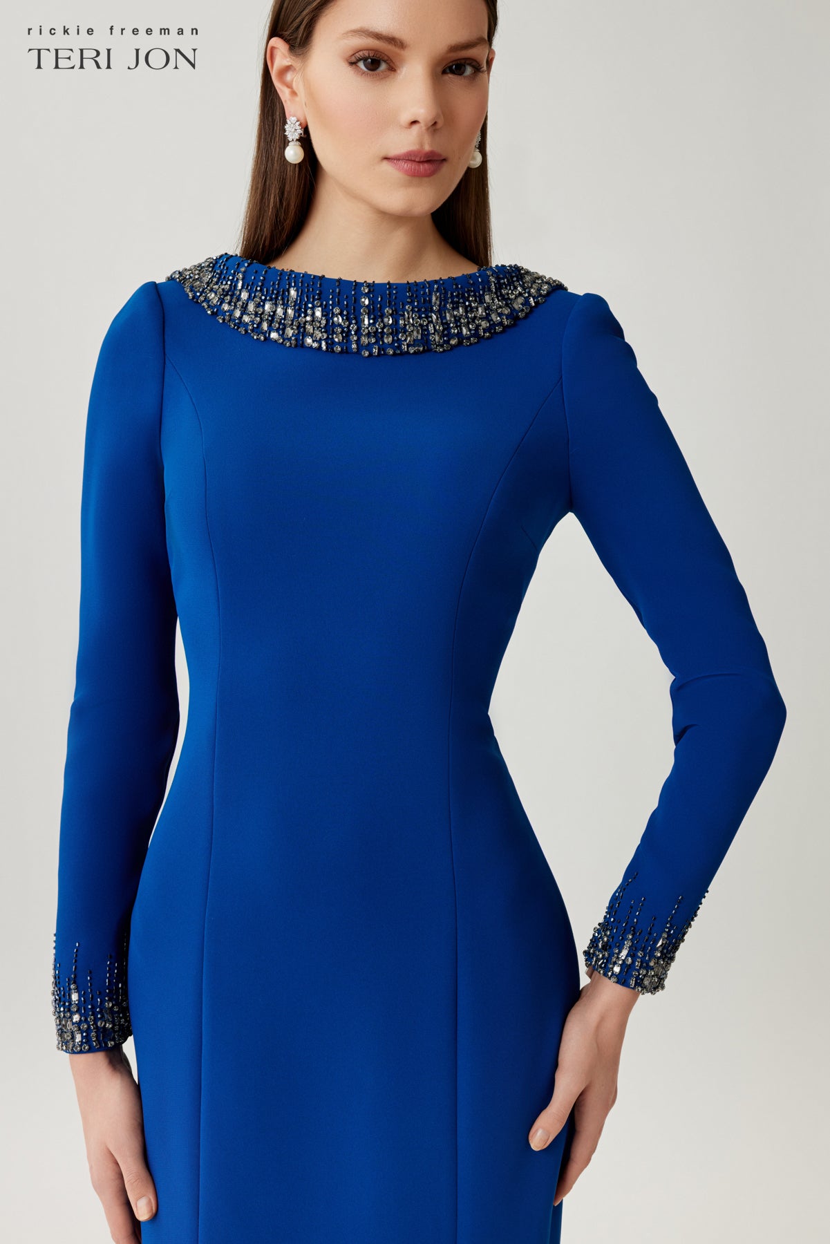 Crepe Evening Gown with Beaded Neck and Cuff Detail