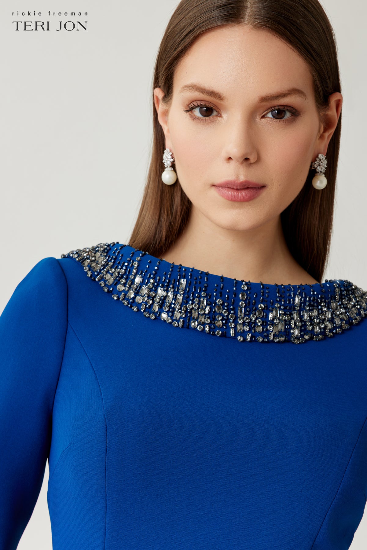 Crepe Evening Gown with Beaded Neck and Cuff Detail