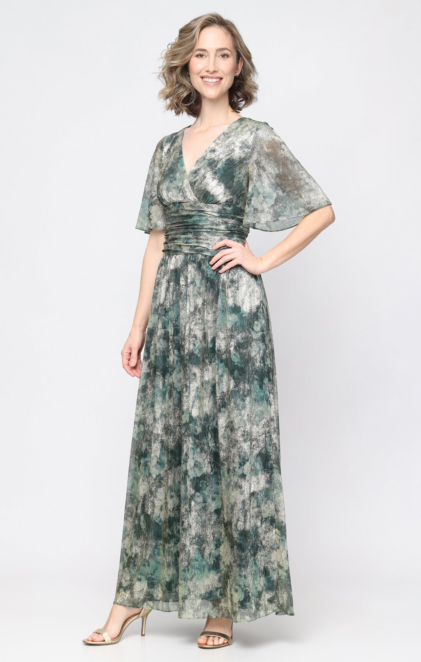 Long Surplice Dress with Ruched Waist and Flutter Sleeves
